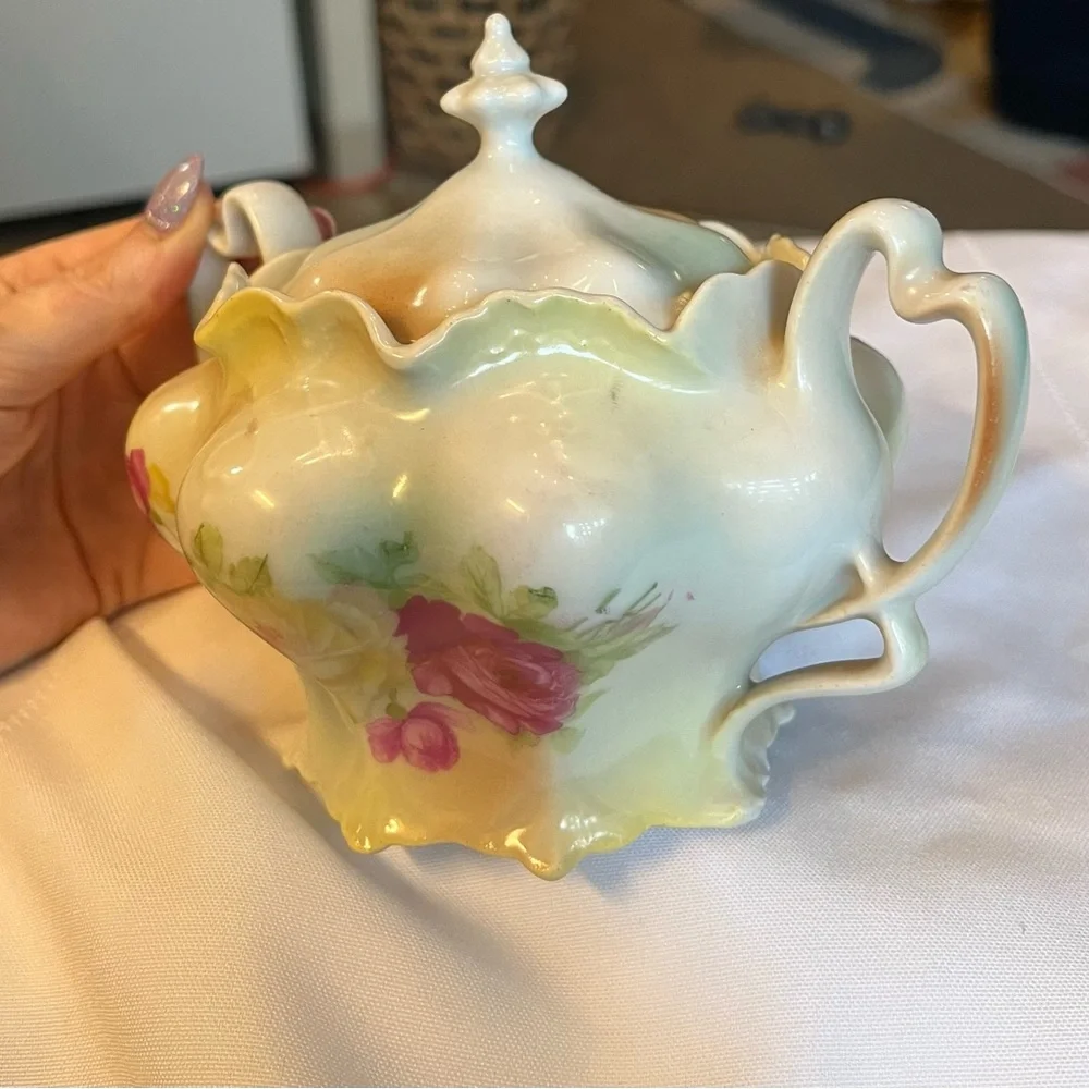 Antique 1920 German Rare Art Nouveau Floral Porcelain Sugar Pot Heart Handles